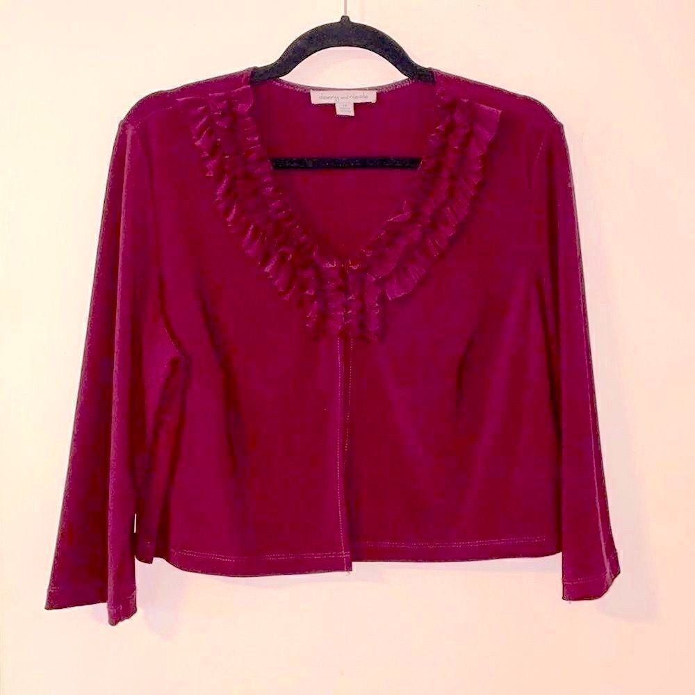 Danny & Nicole wine color short dress jacket with soft ruffles & long sleeves 14